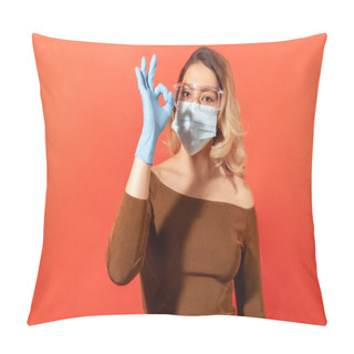 Personality  Recovery, Excellent Treatment For Contagious Disease. Woman Wearing Hygienic Mask, Gloves, Protective Glasses To Prevent Coronavirus Infection And Showing Okay Gesture. Indoor Studio Shot Isolated Pillow Covers