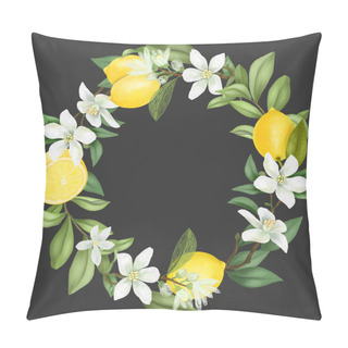 Personality  Wreath Of Hand Drawn Blooming Lemon Tree Branches, Lemon Flowers And Lemons, Isolated Illustration On A Dark Background Pillow Covers