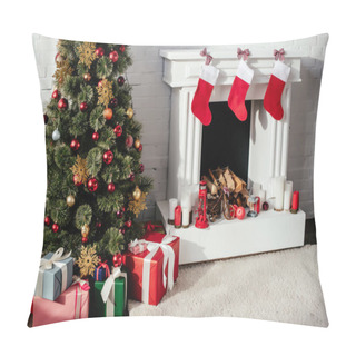 Personality  Christmas Tree With Baubles, Gift Boxes And Fireplace With Christmas Stockings In Room Pillow Covers