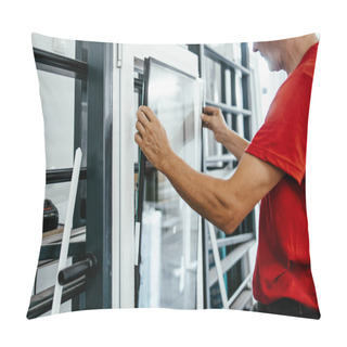 Personality  Manual Worker Assembling PVC Doors And Windows. Manufacturing Jobs. Selective Focus. Factory For Aluminum And PVC Windows And Doors Production. Pillow Covers