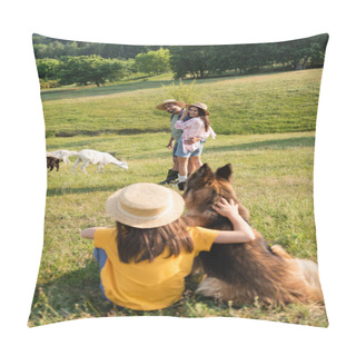 Personality  Happy Farmers In Straw Hats Herding Livestock Near Blurred Daughter With Cattle Dog Pillow Covers