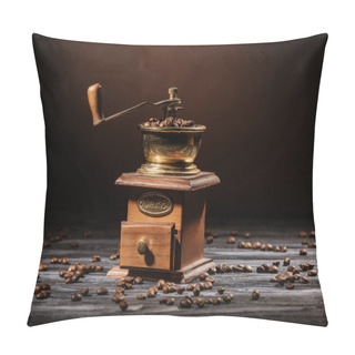 Personality  Vintage Coffee Grinder On Rustic Wooden Table Spilled With Coffee Beans Pillow Covers