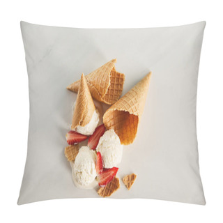 Personality  Top View Of Cones And Delicious Melting Ice Cream With Strawberries On Grey Surface Pillow Covers