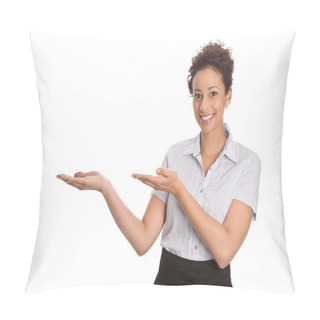 Personality  Pretty Business Or Sales Woman Showing With Hand Gesture Isolated On White Pillow Covers