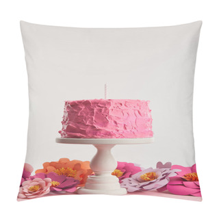 Personality  Pink Birthday Cake With Candle On Cake Stand Near Paper Flowers On Grey Pillow Covers