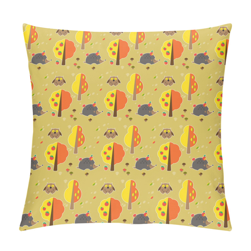 Personality  Seamless pattern with hedgehogs, owls, mushrooms, apples and trees pillow covers