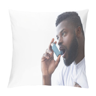 Personality  Young Man Using Asthma Inhaler At Home Pillow Covers