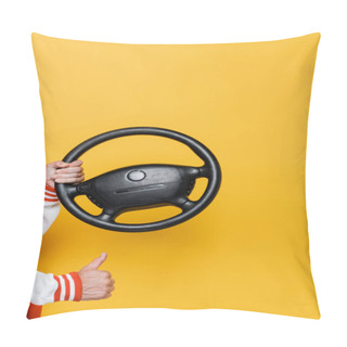 Personality  Cropped View Of Middle Aged Man Holding Steering Wheel And Showing Like On Yellow Pillow Covers