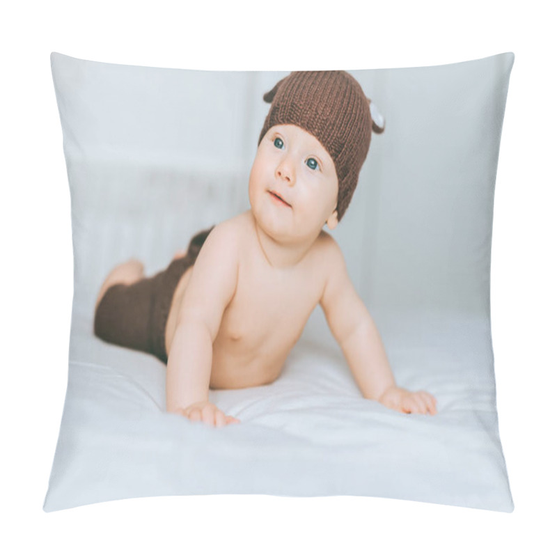 Personality  Smiling Infant Child In Beautiful Knitted Deer Costume In Bed Pillow Covers