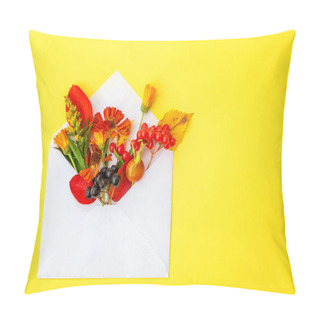 Personality  Autumn Floral Composition. Plants Viburnum Rowan Berries Dogrose Fresh Flowers Colorful Leaves In Mail Envelope On Yellow Background. Fall Natural Plants Ecology Concept. Flat Lay Top View Mockup Pillow Covers
