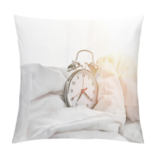 Personality  Silver Alarm Clock On Blanket In White Bed With Sunlight On Background Pillow Covers