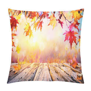 Personality  Wooden Table With Red Leaves And Autumn Background Pillow Covers