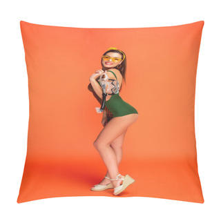 Personality  Side View Of Woman With Diving Mask Smiling And Looking At Camera On Orange Pillow Covers