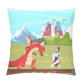Personality  Medieval Cartoon Scene. Dragon And Knight Warrior Fight, Monster And Prince Fairy Tale Flat Characters. Vector Medieval Background Pillow Covers