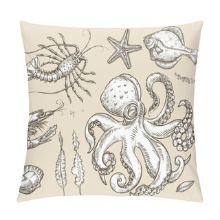 Personality  Hand Drawn Sketch Set Sea Animals, Seafood. Vector Illustration Pillow Covers