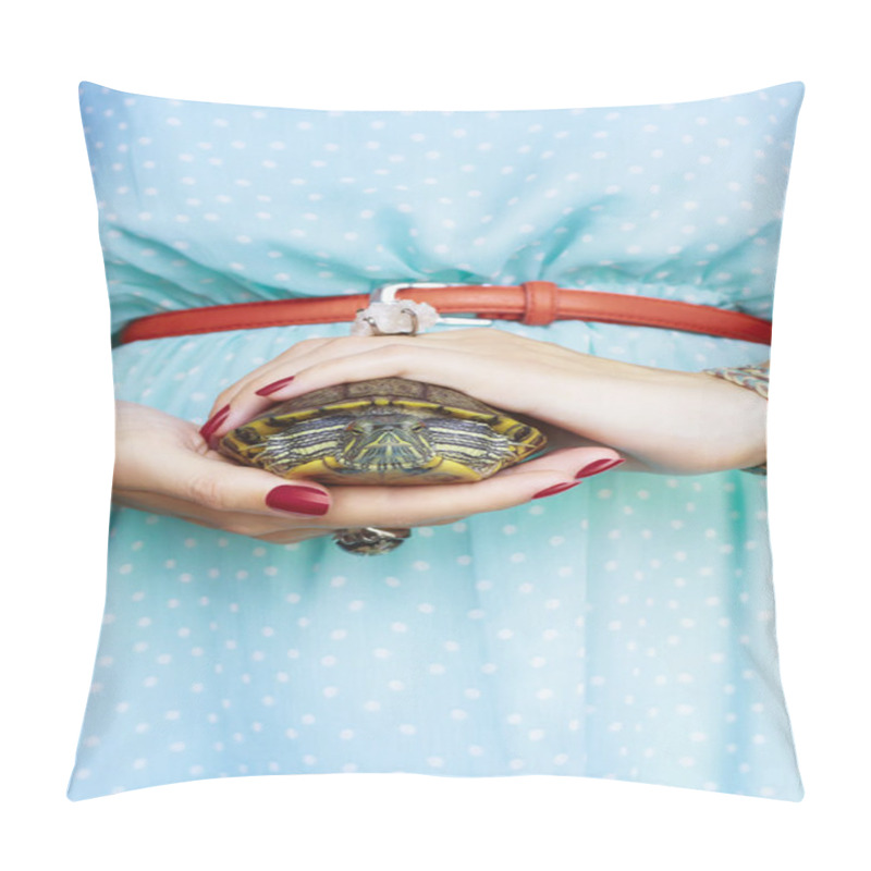 Personality  Trachemys Scripta. Freshwater Red Eared Turtle In Woman Hands Pillow Covers