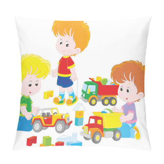 Personality  Little Boys Playing With Toy Cars And Bricks, A Vector Illustration In Cartoon Style Pillow Covers
