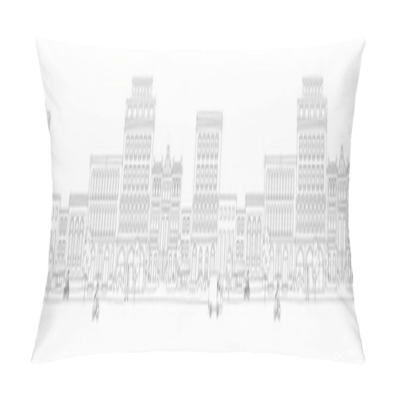 Personality  Cityscape, Houses, Buildings, Street With Pedestrians, Traffic, Cyclists And Scooters. Seamless Pattern Border Black And White. Vector Illustration Doodles, Thin Line Art Sketch Style Concept Pillow Covers