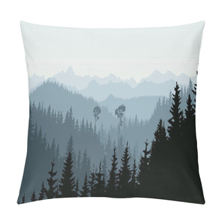 Personality  Horizontal Illustration Of Morning Mist In Forest Hills. Pillow Covers