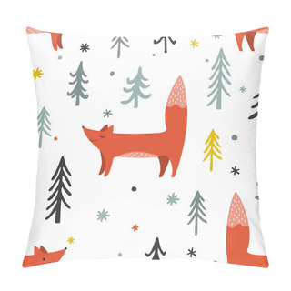 Personality  Vector Illustration Of A Winter Forest Seamless Pattern With Foxes And Trees Pillow Covers