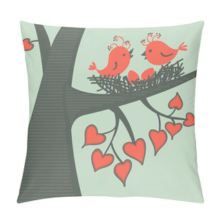 Personality  Bird On A Branch In Love. Vector Illustration. Pillow Covers