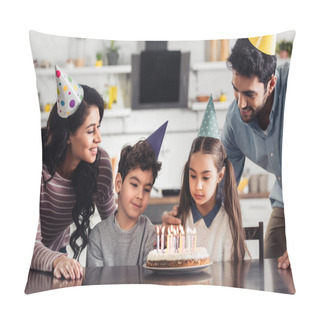 Personality  Cute Hispanic Kids Looking At Birthday Cake With Burning Candles Near Father And Mother At Home Pillow Covers