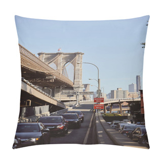 Personality  Heavy Traffic On Famous Brooklyn Bridge In Rush Hour In New York City, Metropolis Atmosphere Pillow Covers
