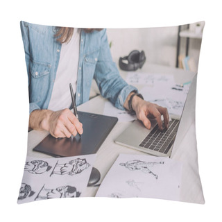 Personality  Cropped View Of Animator Using Gadgets Near Sketches  Pillow Covers