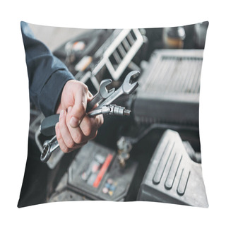 Personality  Cropped View Of Mechanic Holding Wrenches In Hand Pillow Covers