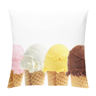 Personality  Assorted Ice Cream In Sugar Cones On White Background Pillow Covers