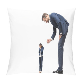 Personality  Big Businessman Showing Clenched Fist At Crying Small Businesswoman Isolated On White Pillow Covers