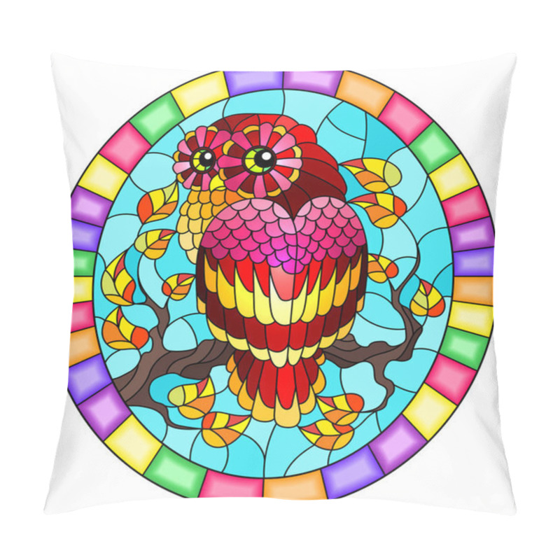 Personality  Illustration in stained glass style with fabulous red owl sitting on a autumn tree branch against the sky,oval picture frame in bright pillow covers