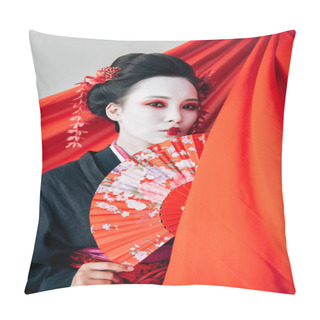Personality  Beautiful Geisha In Black Kimono With Hand Fan Near Red Cloth On Background Isolated On White Pillow Covers