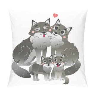 Personality  Cute Cartoon Grey Wolf Family Vector Image. Male And Female Wolfs With Their Cubs. Forest Animals For Kids. Isolated On White Background. Pillow Covers