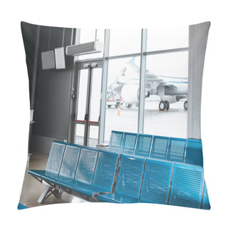 Personality  Empty Waiting Hall With Blue Metallic Seats In Airport  Pillow Covers
