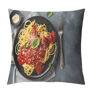 Personality  Tasty Appetizing Spaghetti Pasta With Tomato Sauce Served On Plate On Dark Background.  Pillow Covers