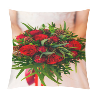Personality  Bride Holding Wedding Bouquet Of Red Peonies And Green Leaves. C Pillow Covers