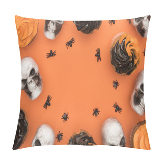 Personality  Top View Of Delicious Halloween Cupcakes With Spiders And Skulls On Orange Background With Copy Space Pillow Covers