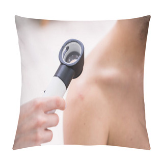 Personality  Close-up Of Person Hands Examining Acne Skin Of Man With Dermatoscope Pillow Covers