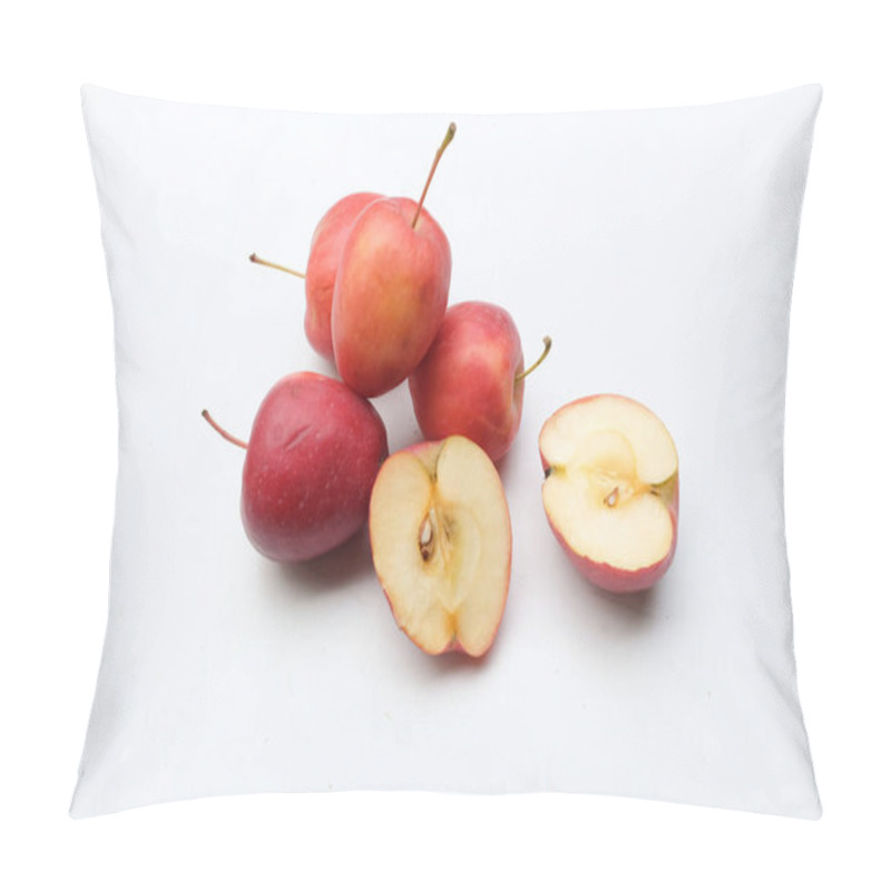 Personality  Group of fresh organic ripe red-yellow Dwarf Apple, princess apples,apple, mini apple, small apple,cherry apple, Shiny red apples Whole apple, half and a slice with green leaf on white backdrop pillow covers