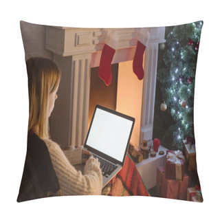 Personality  Young Woman Using Laptop With Blank Screen At Christmas Time Pillow Covers