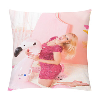 Personality  Cute Pretty Woman In Tight Glitter Summer Dresswith Inflatable Flamingo In Swimming Pool With Foam Plastic Balls Pillow Covers
