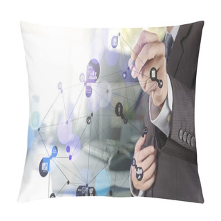 Personality  Double Exposure Of Businessman Hand Working With New Modern Comp Pillow Covers