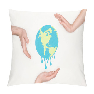Personality  Cropped View Of Male And Female Hands Around Paper Cut Melting Globe On White Background, Global Warming Concept Pillow Covers
