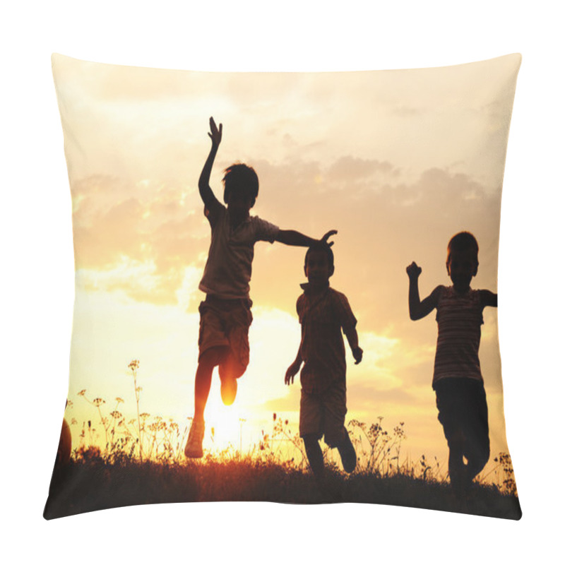 Personality  Group of happy children playing on meadow pillow covers