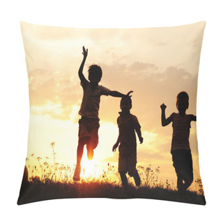 Personality  Group Of Happy Children Playing On Meadow Pillow Covers