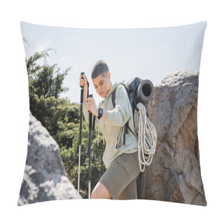 Personality  Young Short Haired Female Tourist With Backpack And Climbing Rope Holding Trekking Pole Walking Near Stones On Hill At Background, Tranquil Hiker Finding Inner Peace On Trail, Summer Pillow Covers