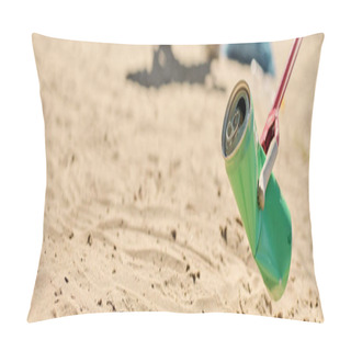 Personality  A Can Of Soda Dangles From A Rope On The Beach, Casting Playful Shadows In The Sand. Pillow Covers