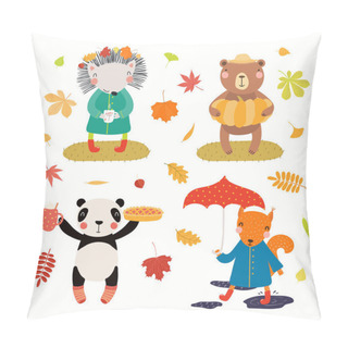 Personality  Autumn Set With Cute Animals With Falling Leaves, Pie, Pumpkin, Umbrella Isolated On White Background. Scandinavian Style Flat Design. Concept For Kids Print Pillow Covers