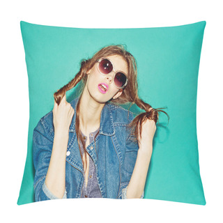 Personality  Emotional Pretty Young Hipster Girl Make Funny Face On Blue Background Pillow Covers